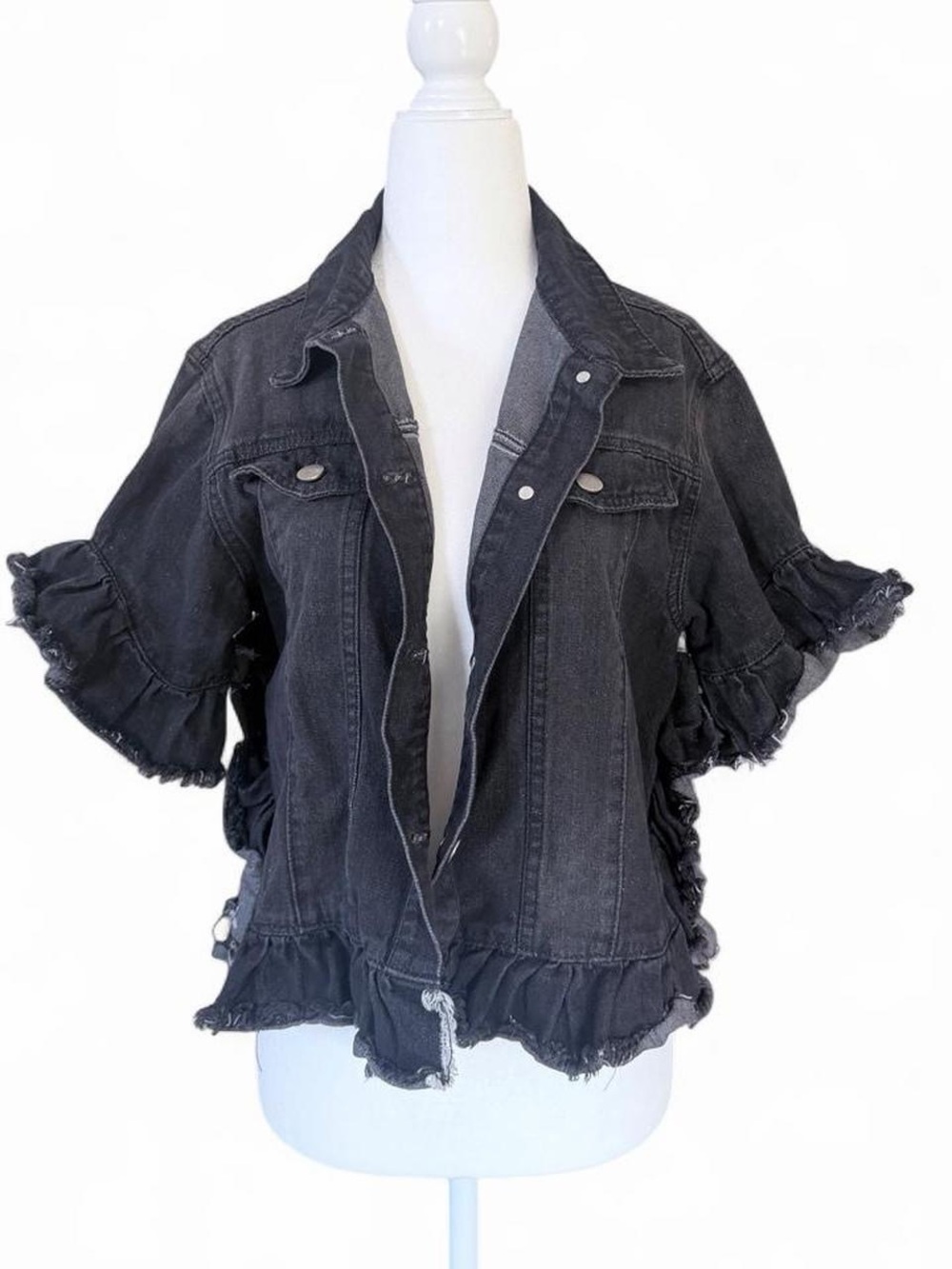 Hayden Black Ruffled Short-Sleeve Denim Jacket